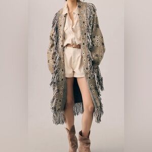 Anthropologie Tan and Black Patterned Fringe Cardigan